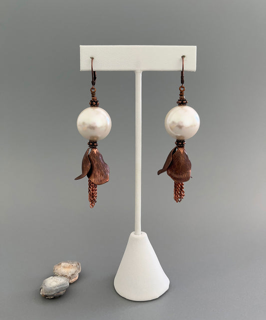 Long copper flower and pearl earrings