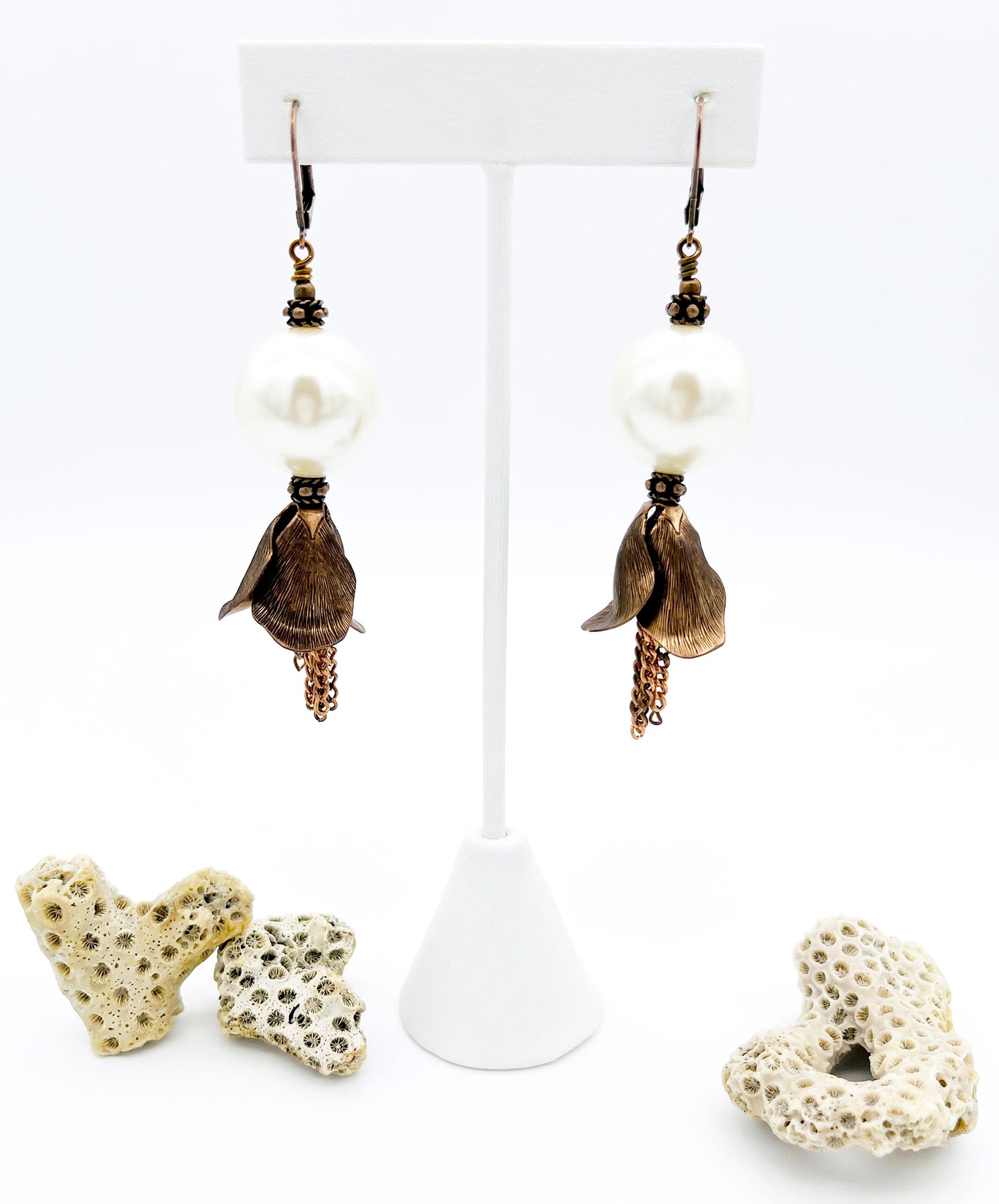 Copper flower and pearl dangle earrings