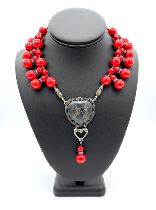 Antique red beaded necklace with Siam Niello pendant