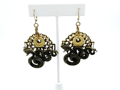 Brass filigree serpent earrings long view