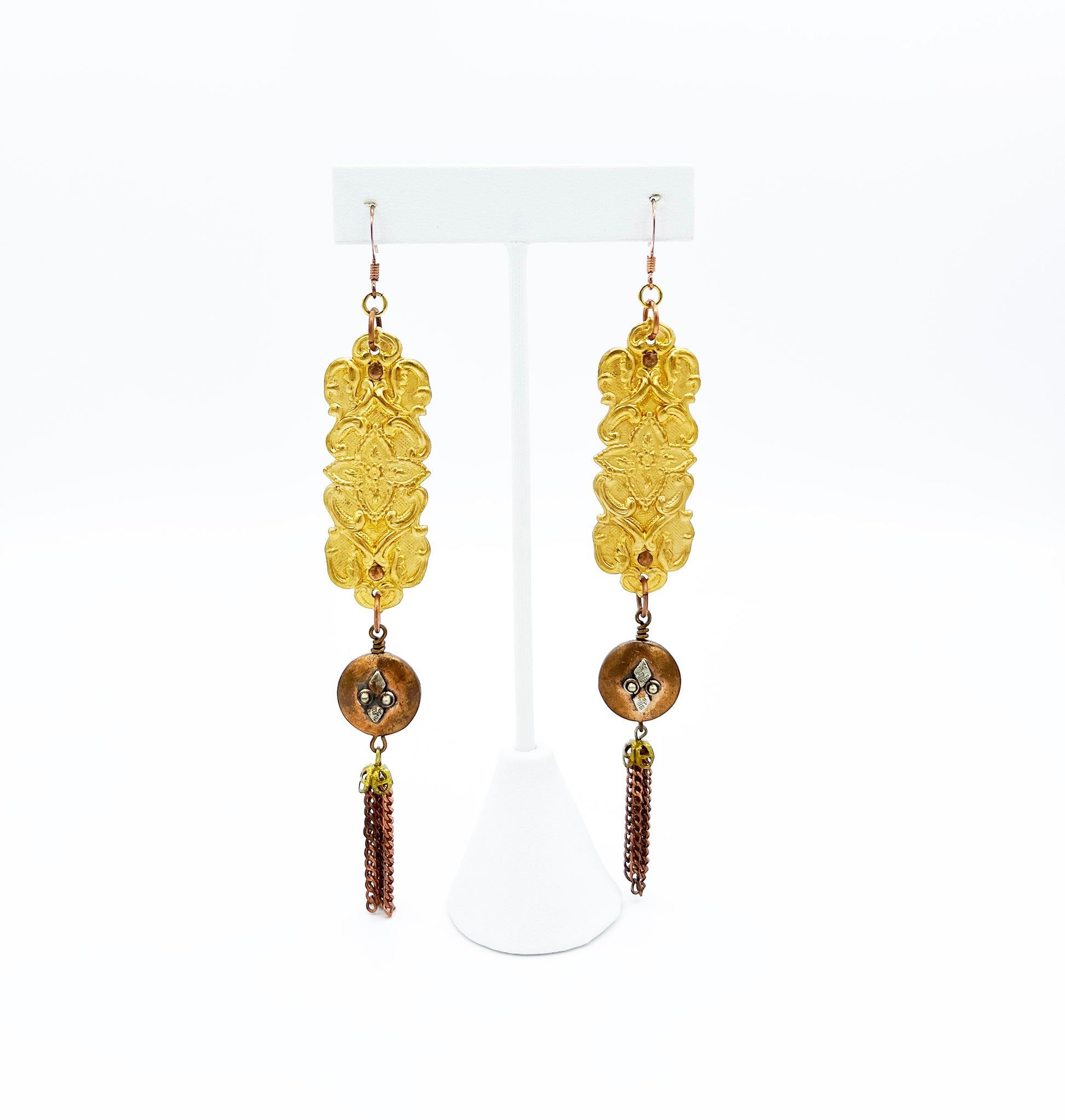 Brass stamped and beaded earrings