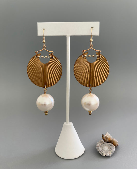 Vermeil, pearl and textured brass earrings