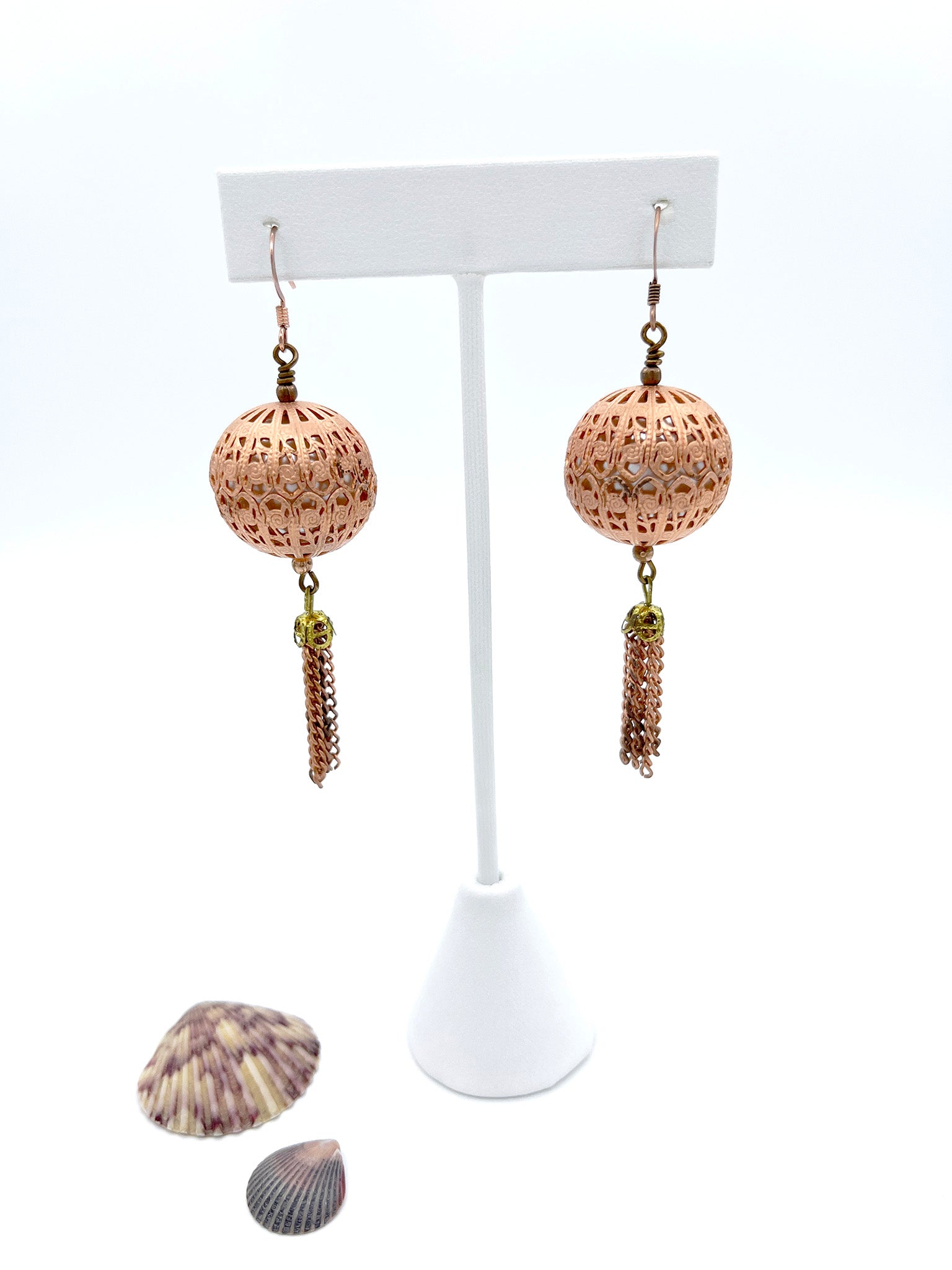 Copper ball and pearl tassel earrings