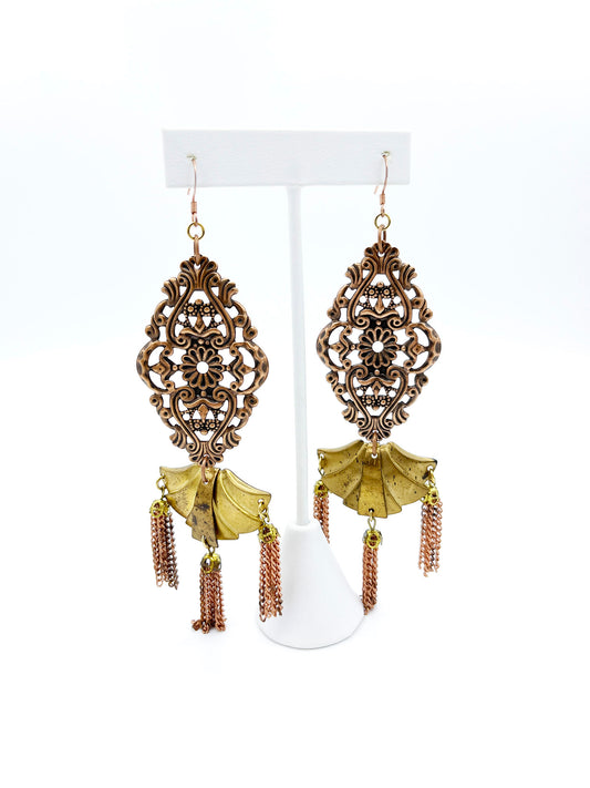 Large copper filigree and brass tassel earrings