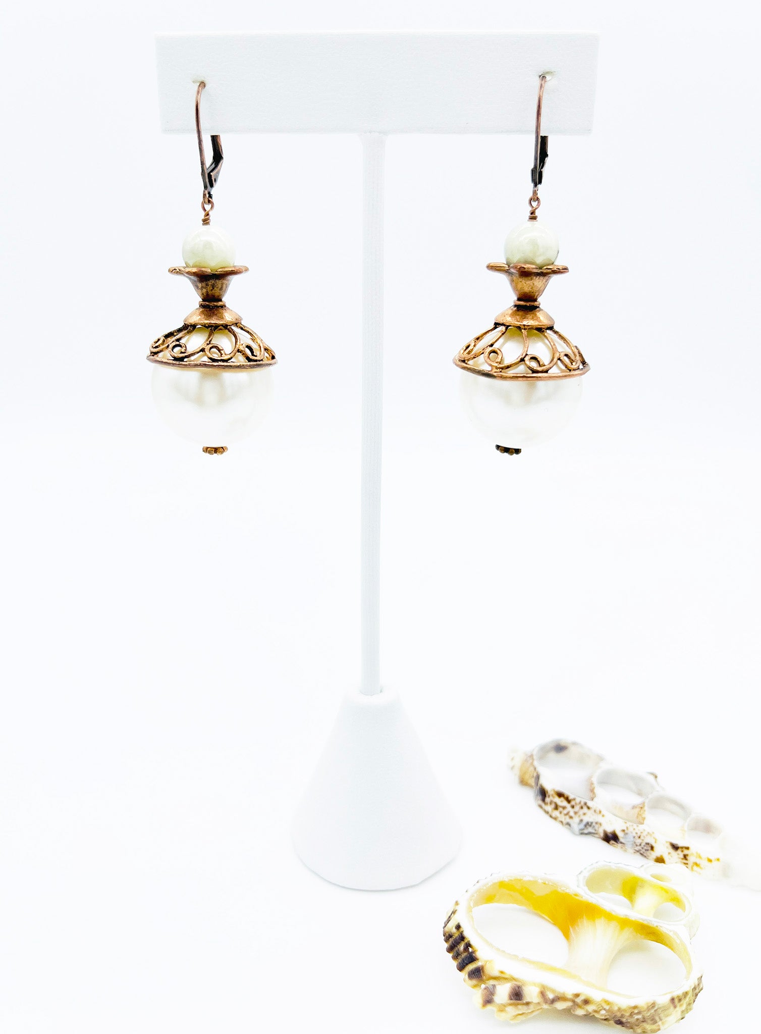 Copper filigree, flower and pearl earrings 