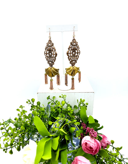 Copper filigree and brass tassel earrings