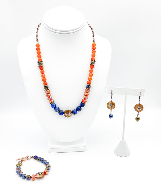 Copper jewelry set with carnelian and lapis lazuli
