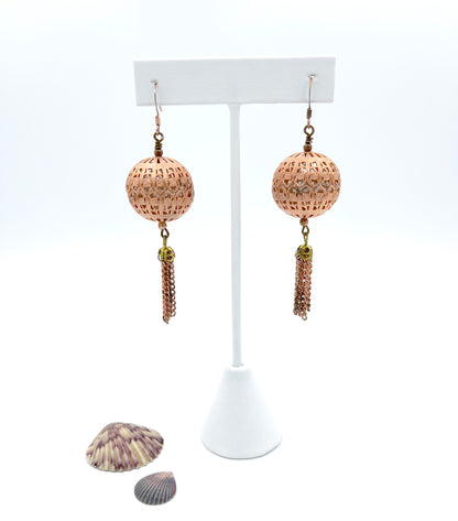 Copper cap and pearl earrings with tassels