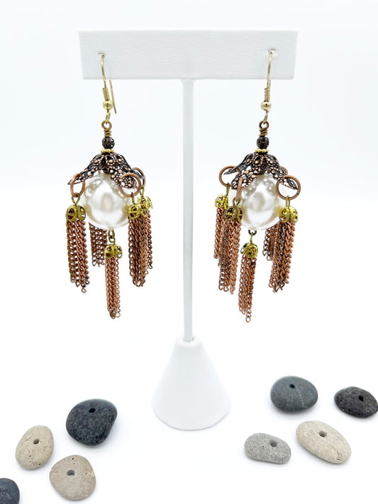 Whimsical pearl and copper tassel earrings