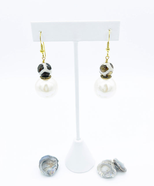 Tibetan dzi and pearl earrings