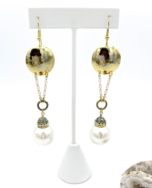 Pearl and crystal earrings with brass and vermeil