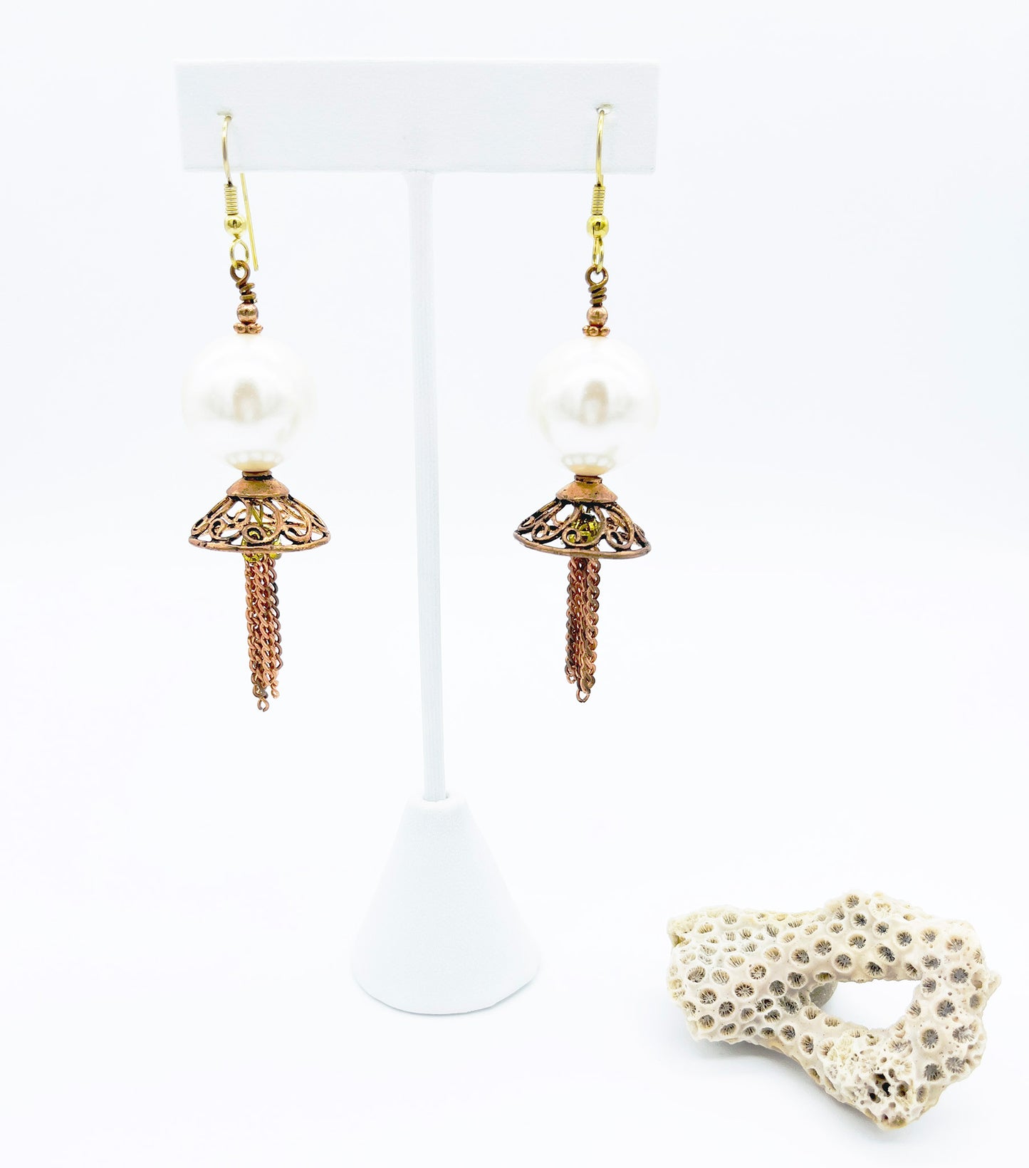 Filigree copper and pearl tassel earrings