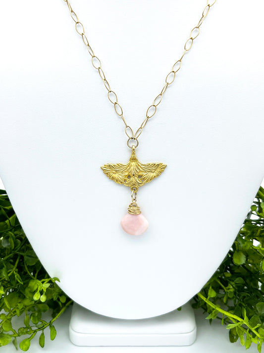Closer look at pink Peruvian opal necklace