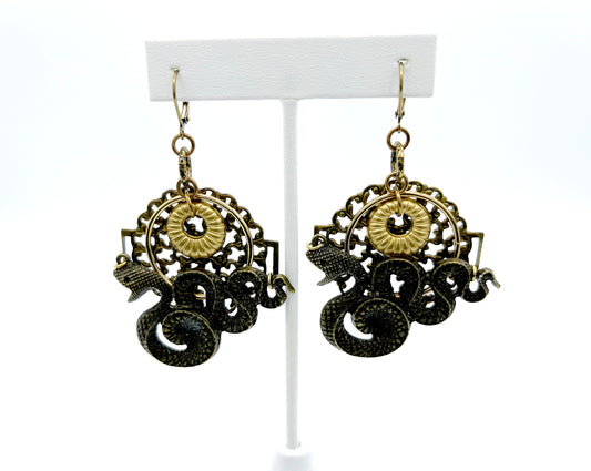 Brass serpent filigree earrings