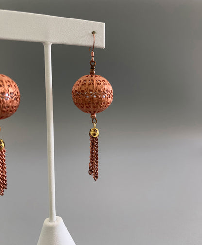 Copper filigree and pearl tassel earrings side view