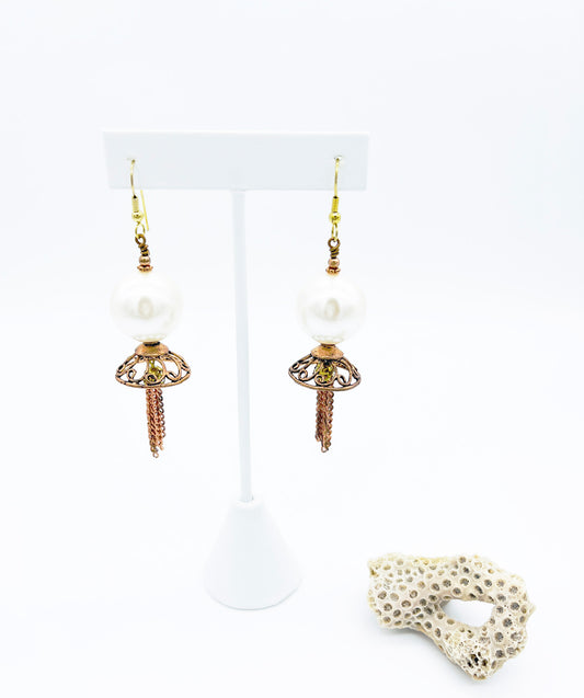 Copper cap filigree and faux pearl earrings