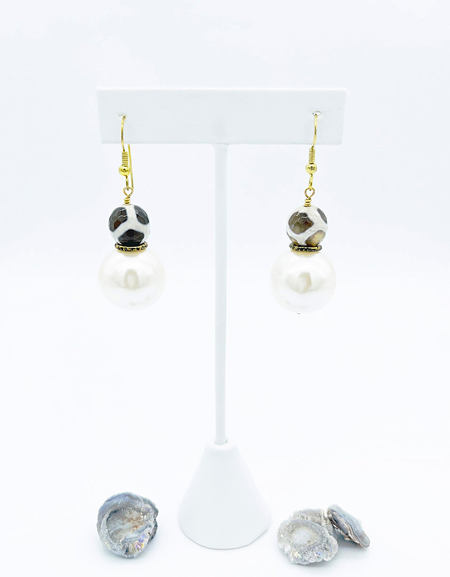 Dzi and pearl drop earrings