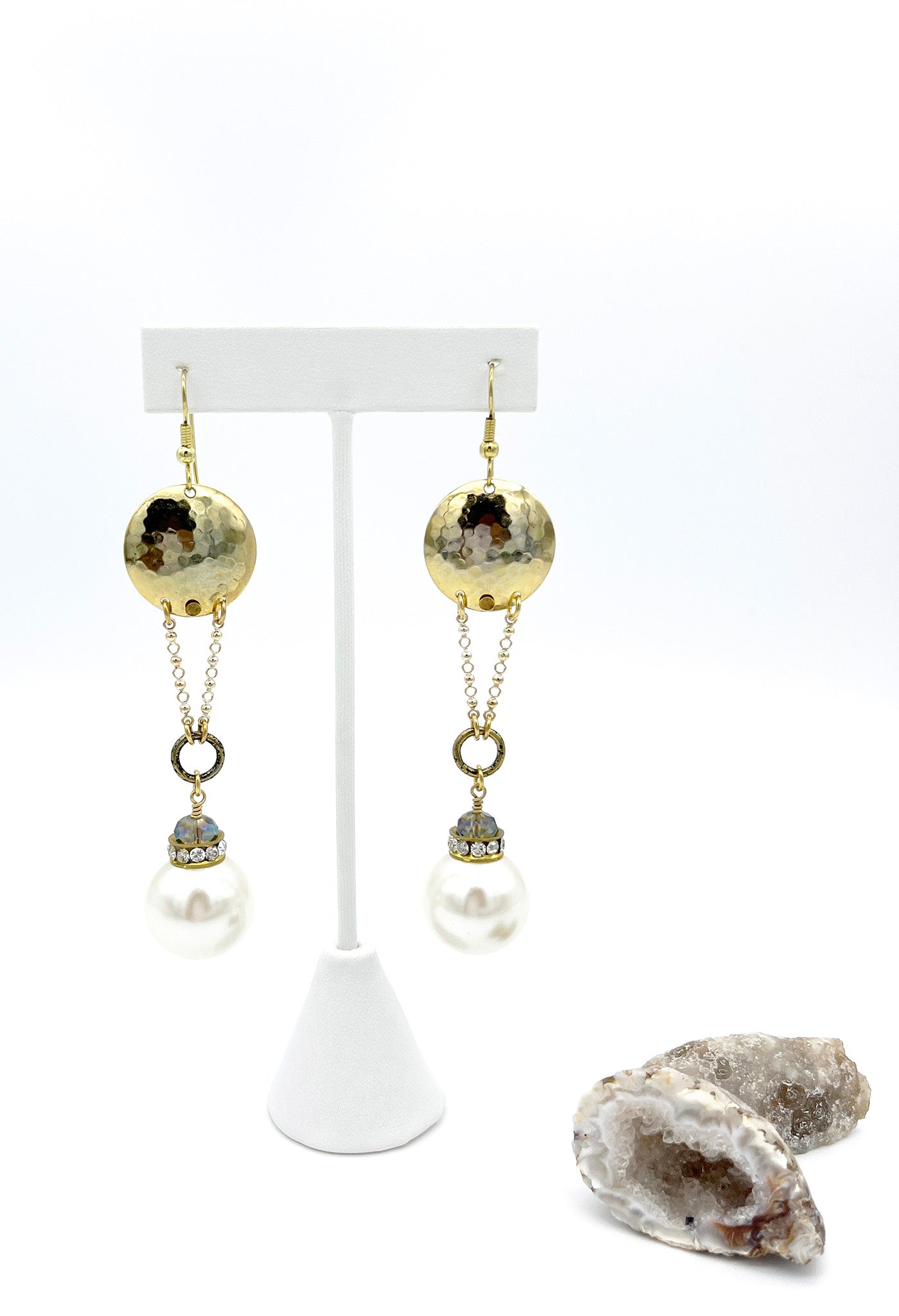 Pearl, brass and crystal long dangle earrings