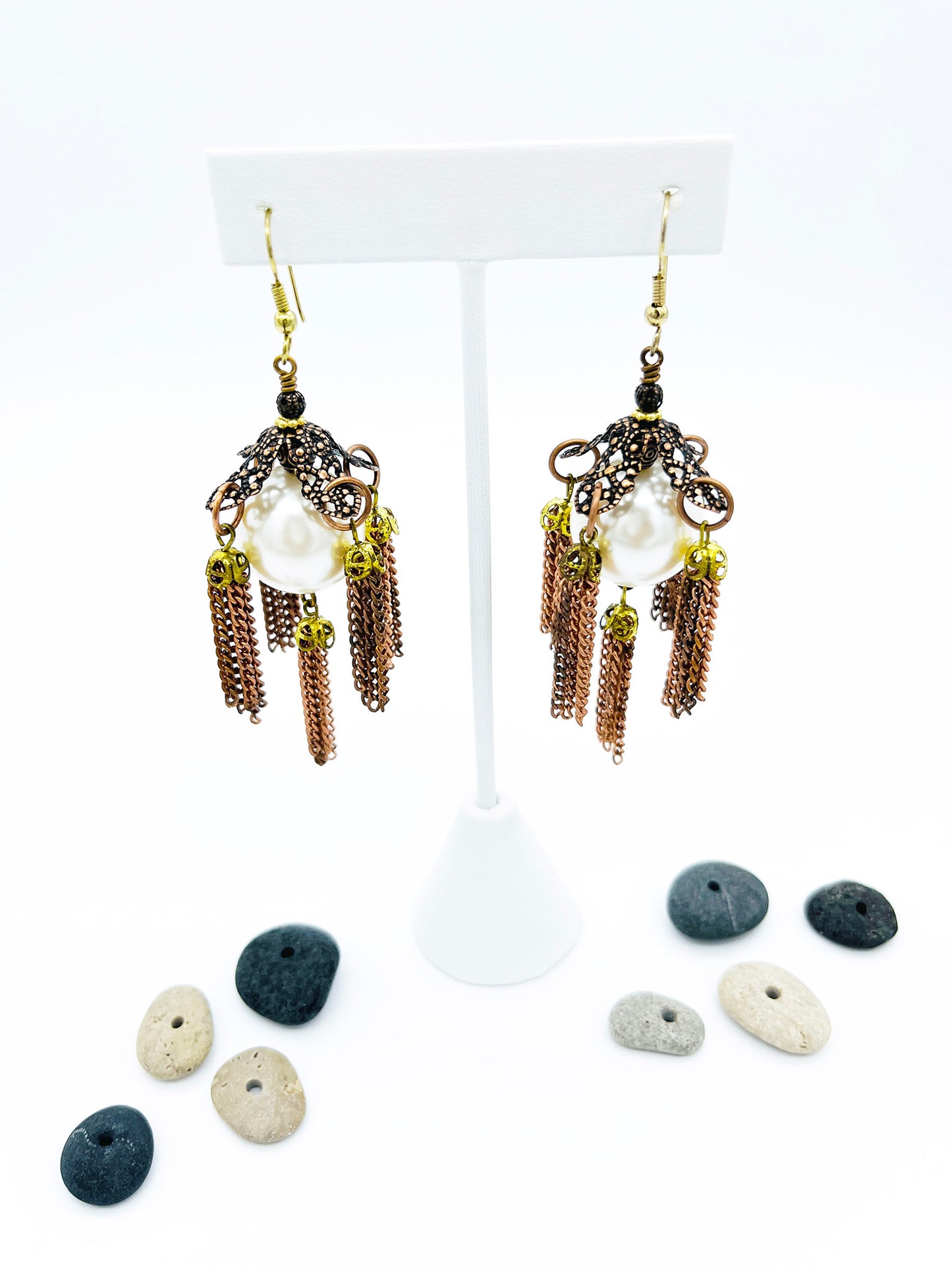 Copper tassel and pearl earrings
